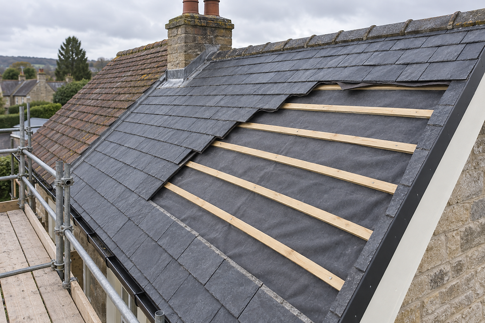 A partially constructed slate roof with wooden battens and scaffolding.