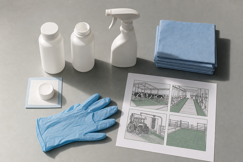 The image shows a set of hygiene and sanitation supplies
