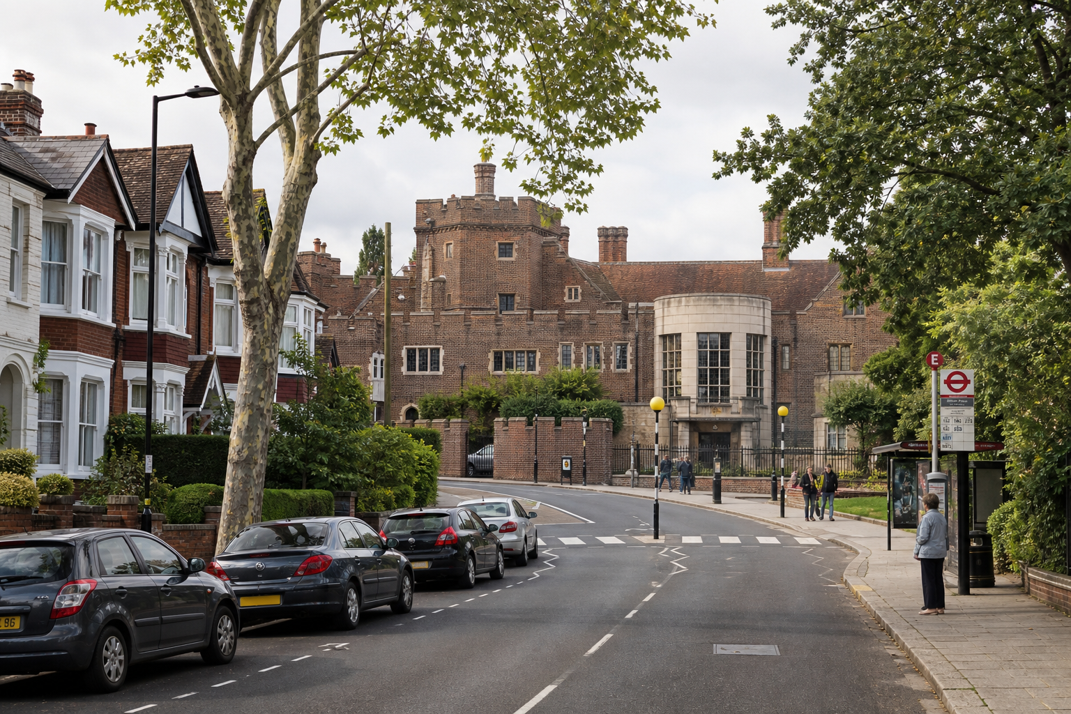 Street view of a historic brick building with parked cars and a person waiting at a bus stop under leafy trees.