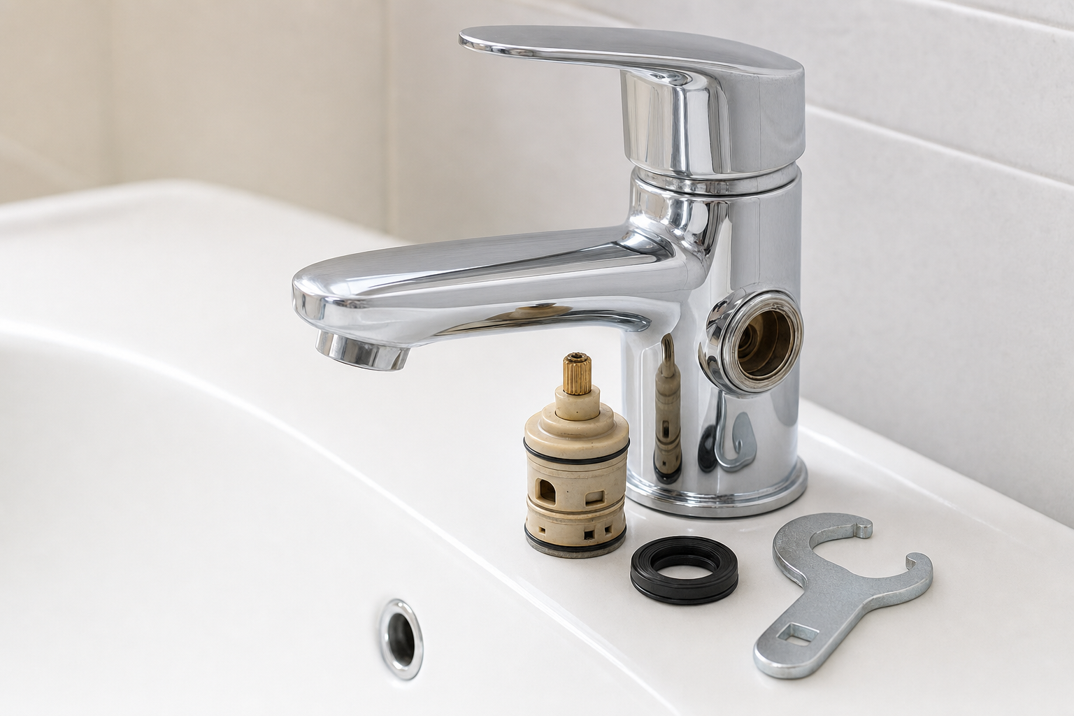 A disassembled tap with cartridge, rubber washer, and wrench located on a bathroom sink.