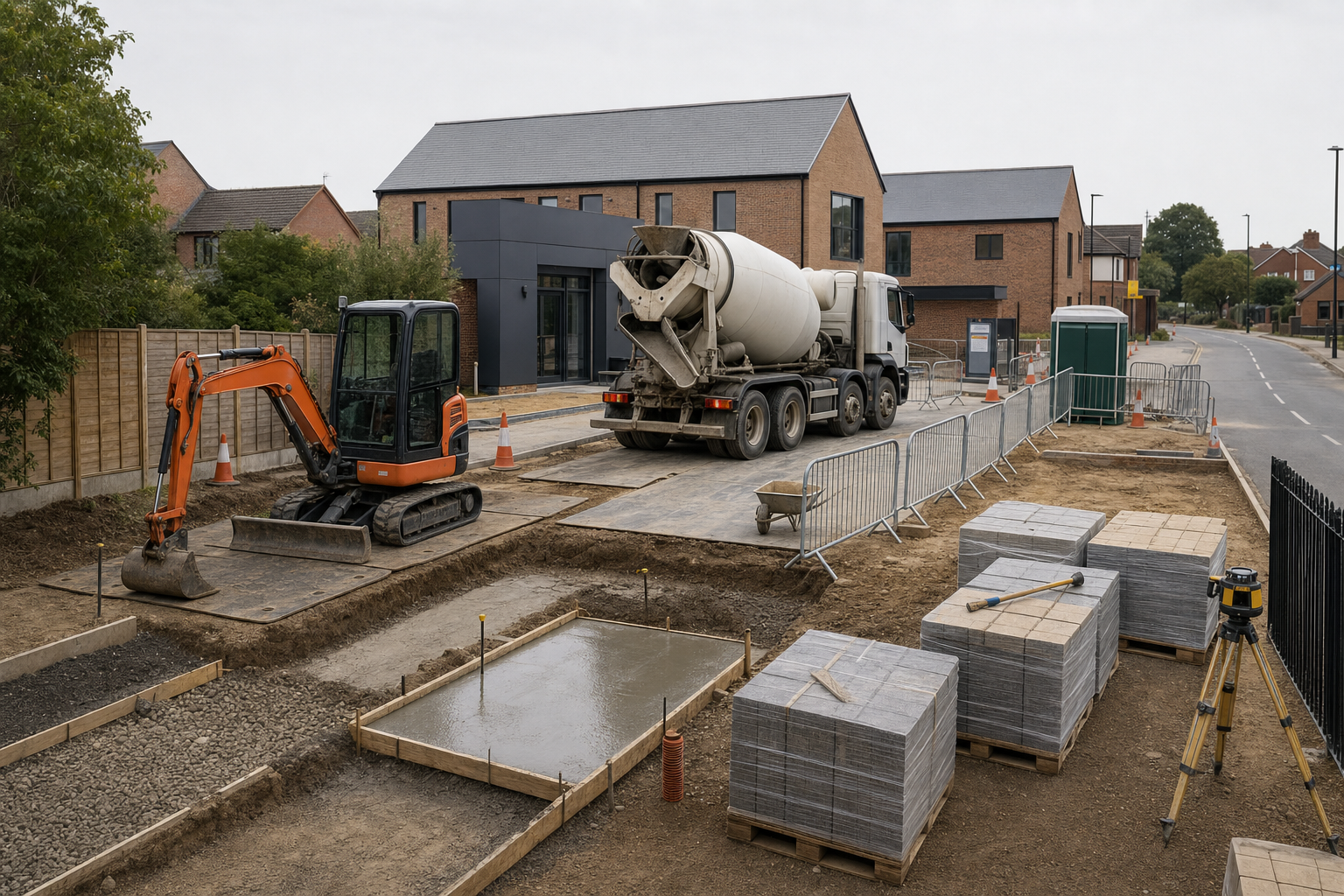 Construction site with an excavator, concrete mixer lorry, and paving slabs in front of modern brick buildings.