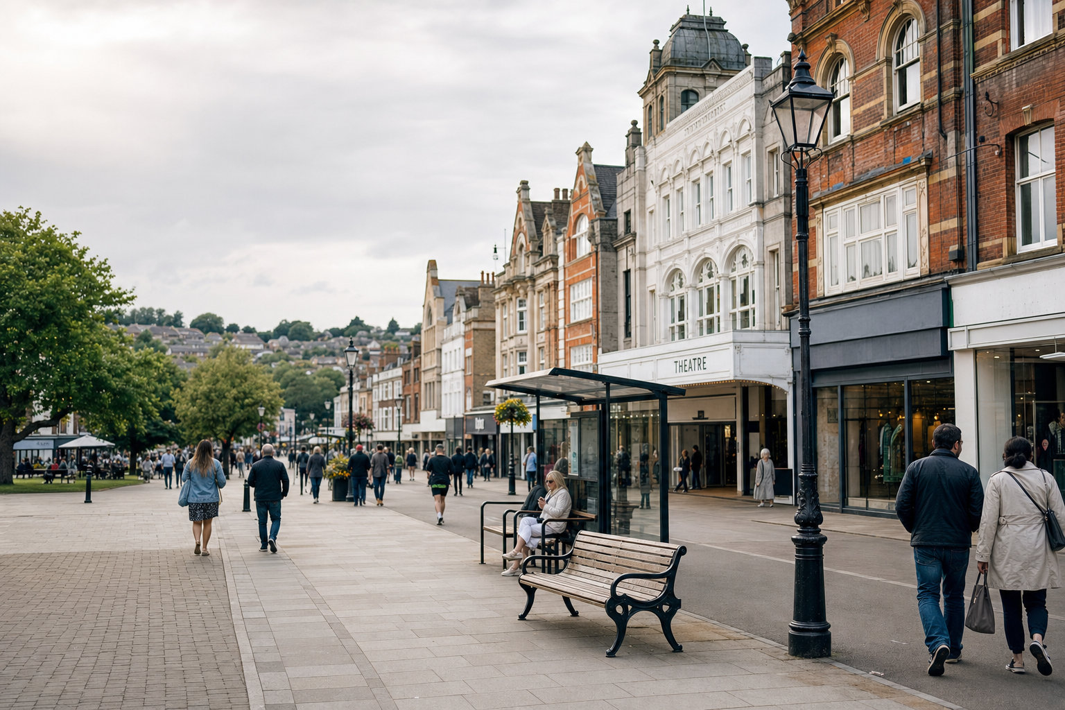 A bustling high street with historic buildings, a theatre, and people walking and sitting on benches under a cloudy sky.
