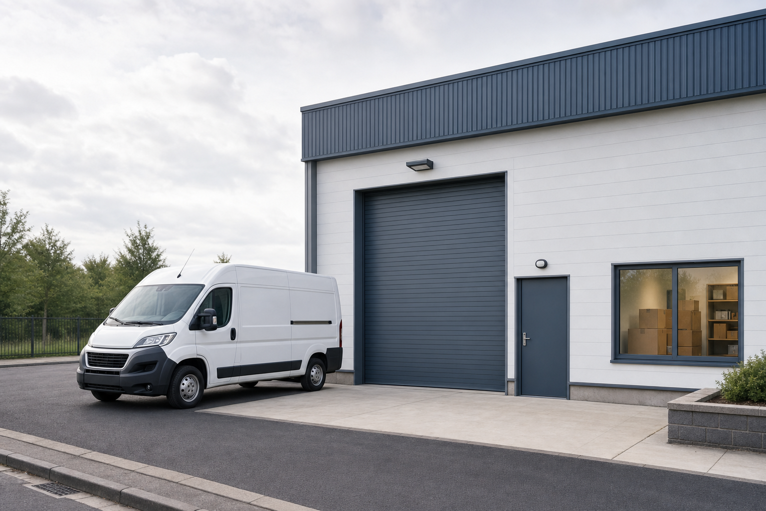 A white delivery van parked outside a warehouse with a large grey shutter door and windows filled with boxes.