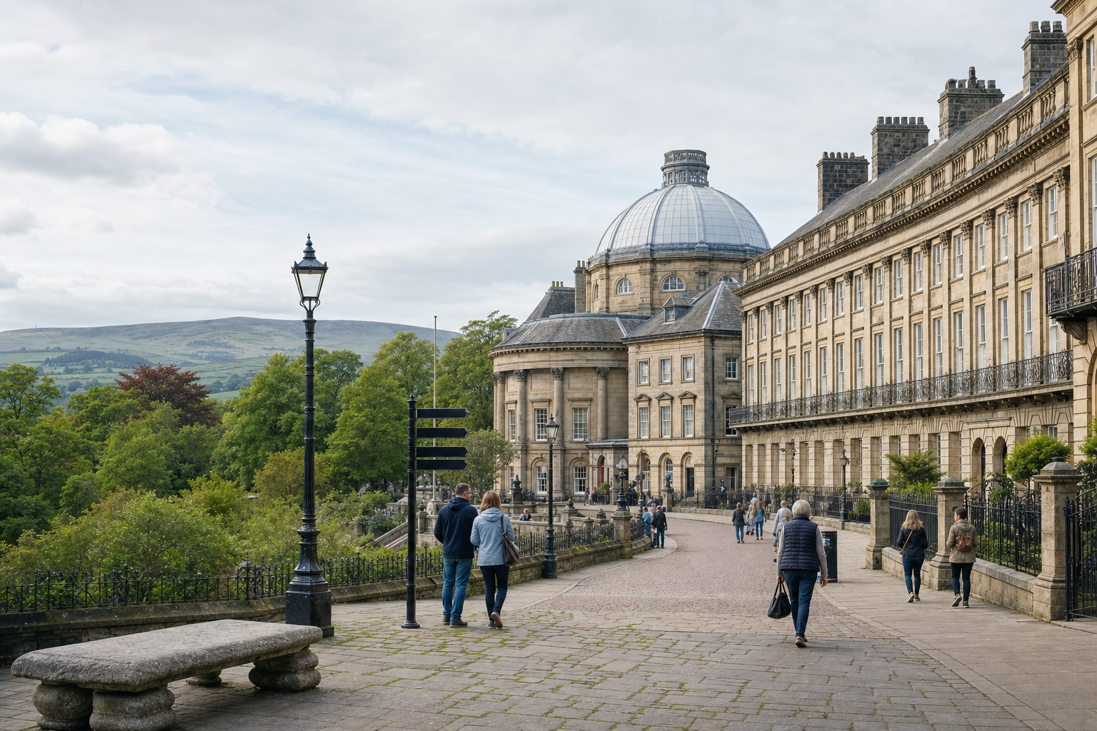 A street scene in an English town featuring a historic building with a domed roof and people walking on a cobbled path.