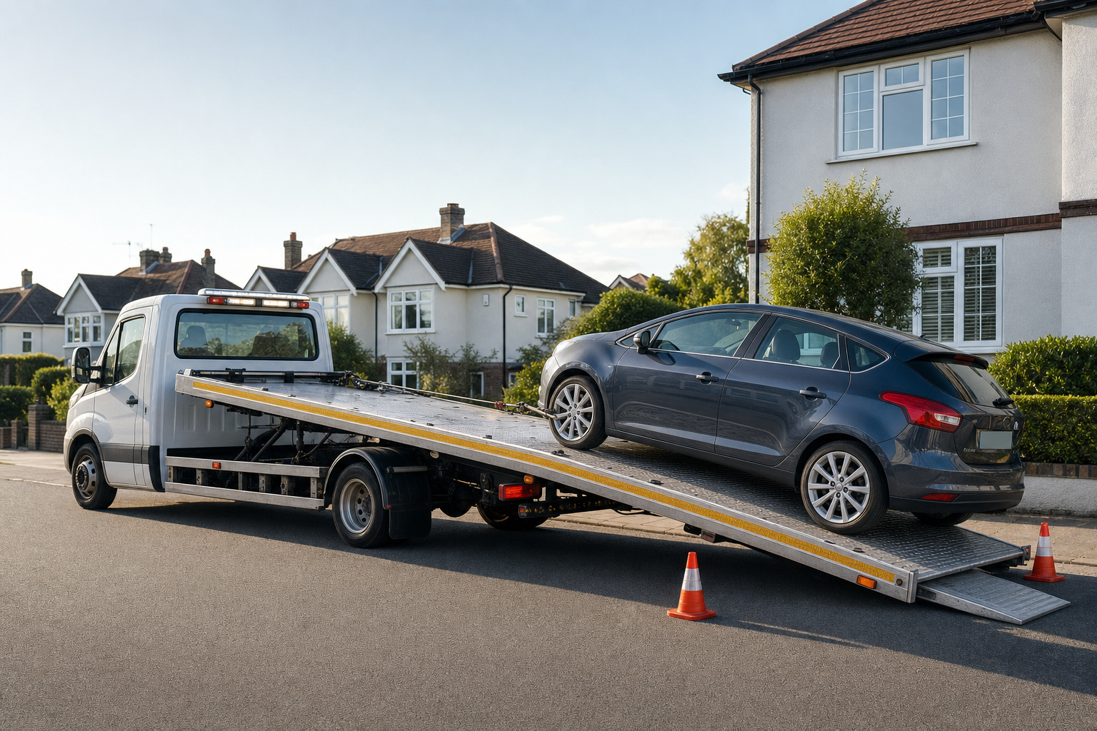 A grey car being loaded onto a tow truck in a residential neighbourhood.