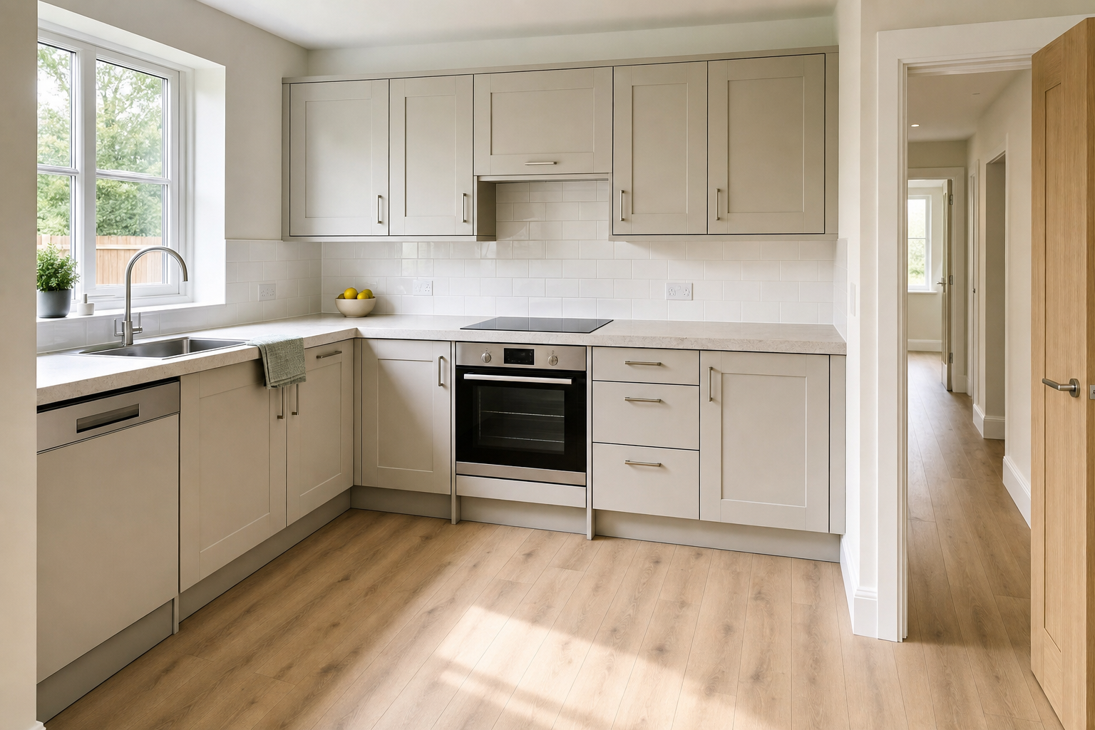 Modern kitchen with light grey cabinets, integrated oven, and large window overlooking a garden.