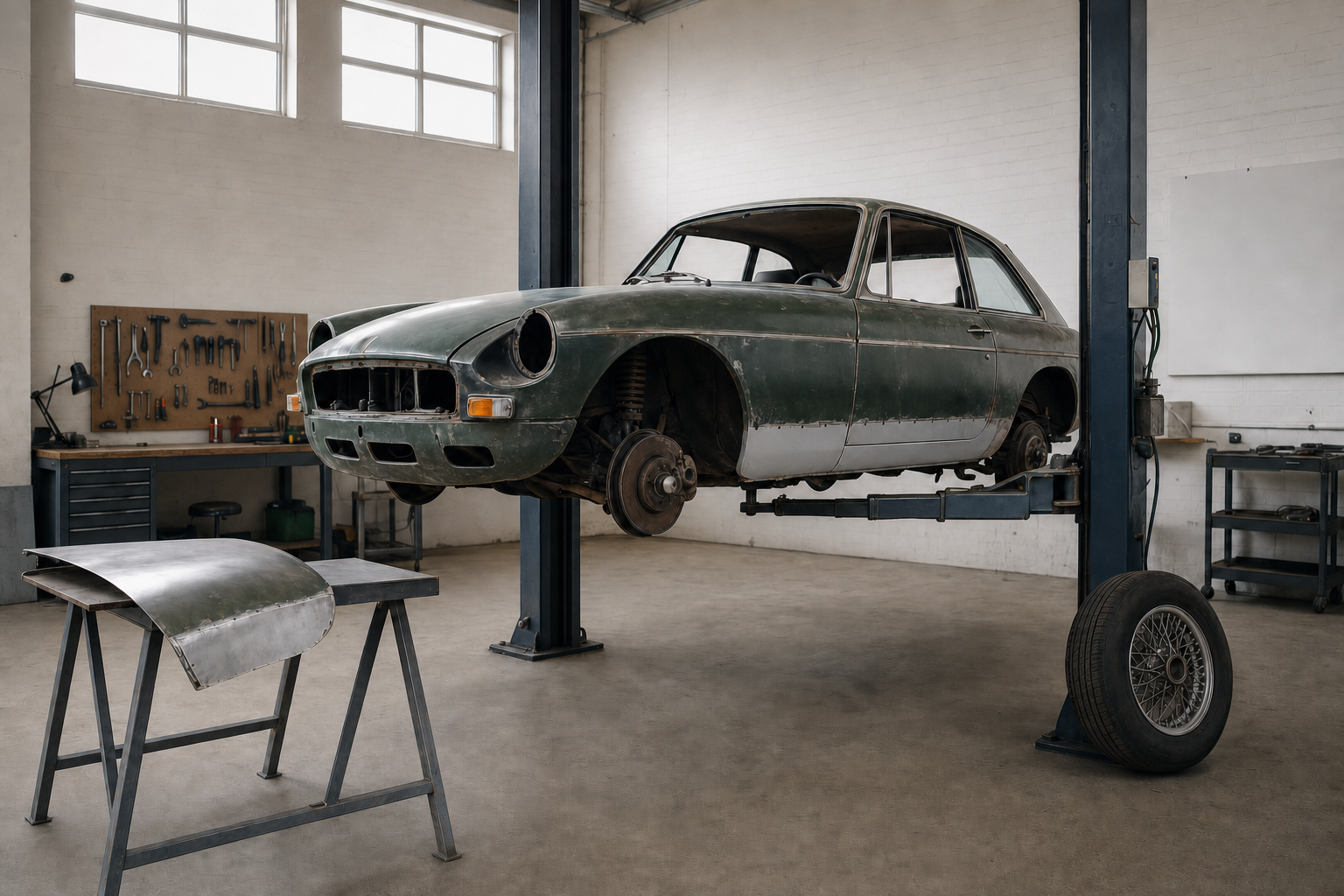 Classic car undergoing restoration on a lift in a workshop with a detached wing on a nearby table.