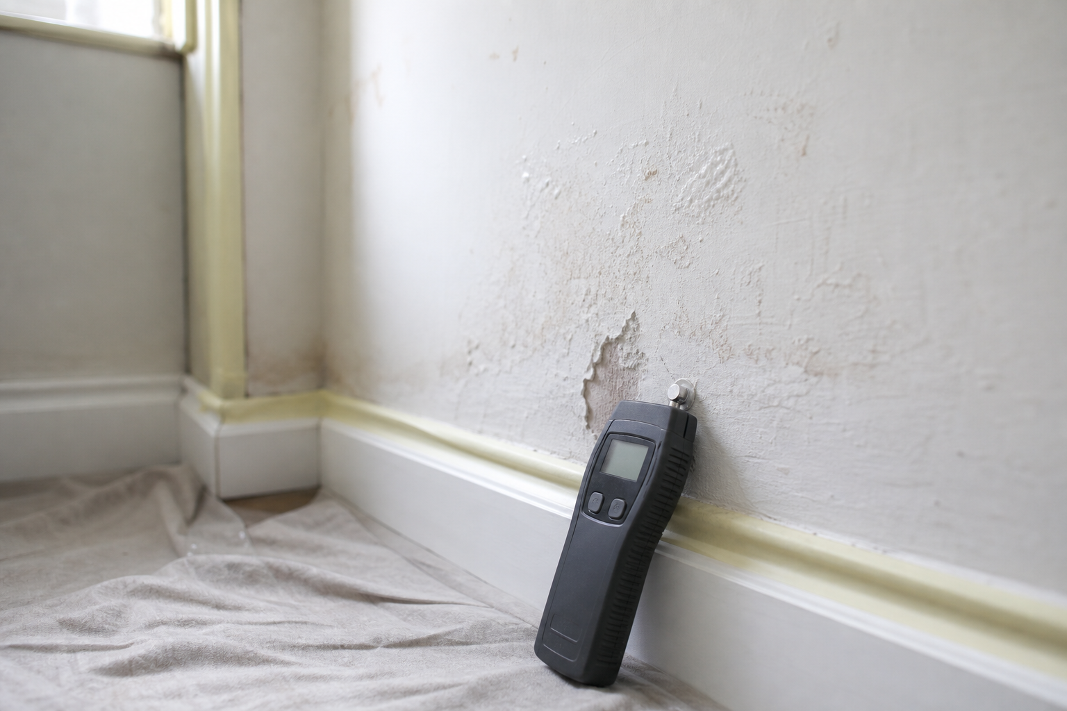 A moisture meter leaning against a wall with visible damp damage, on a floor protected by a dust sheet.