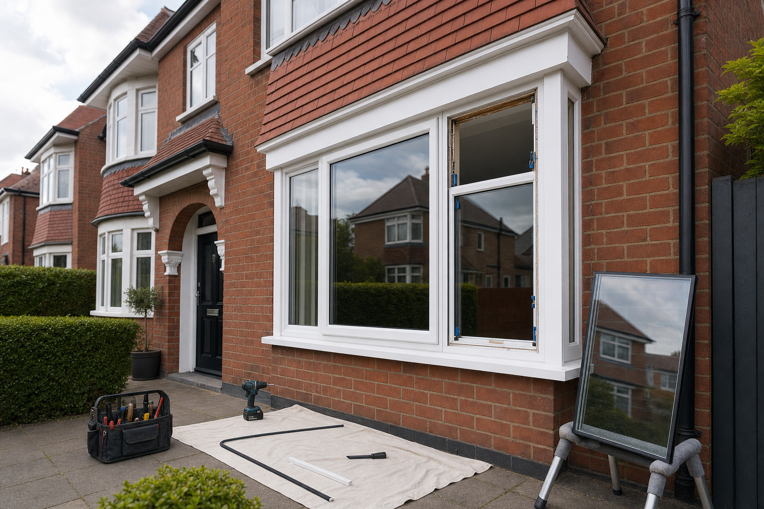 Bay window installation in progress at a brick house, with tools and equipment arranged on the pavement.