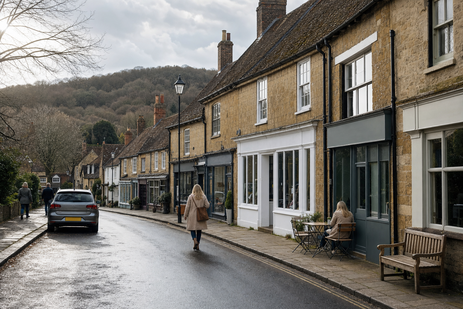 A quaint village street lined with historic buildings, where people walk and a woman sits at a cafe table.