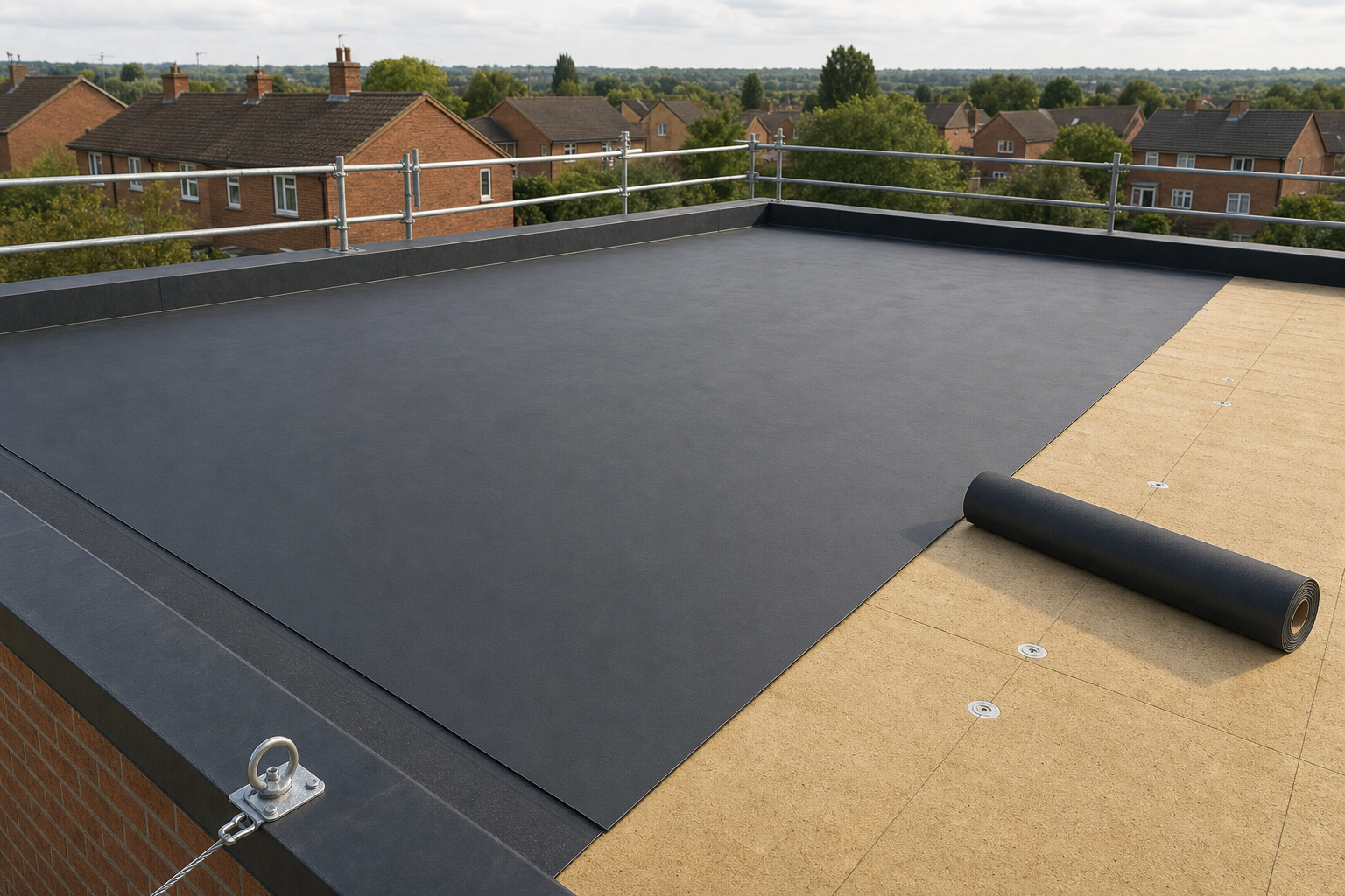 Flat rooftop under construction with black waterproof membrane partially installed, overlooking suburban houses.