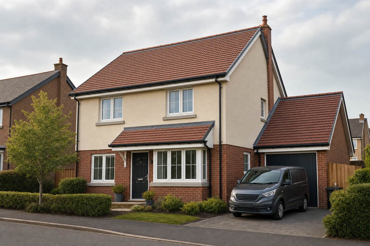 A modern suburban house with a red-tiled roof, a grey van parked in the driveway, and a small garden in front.