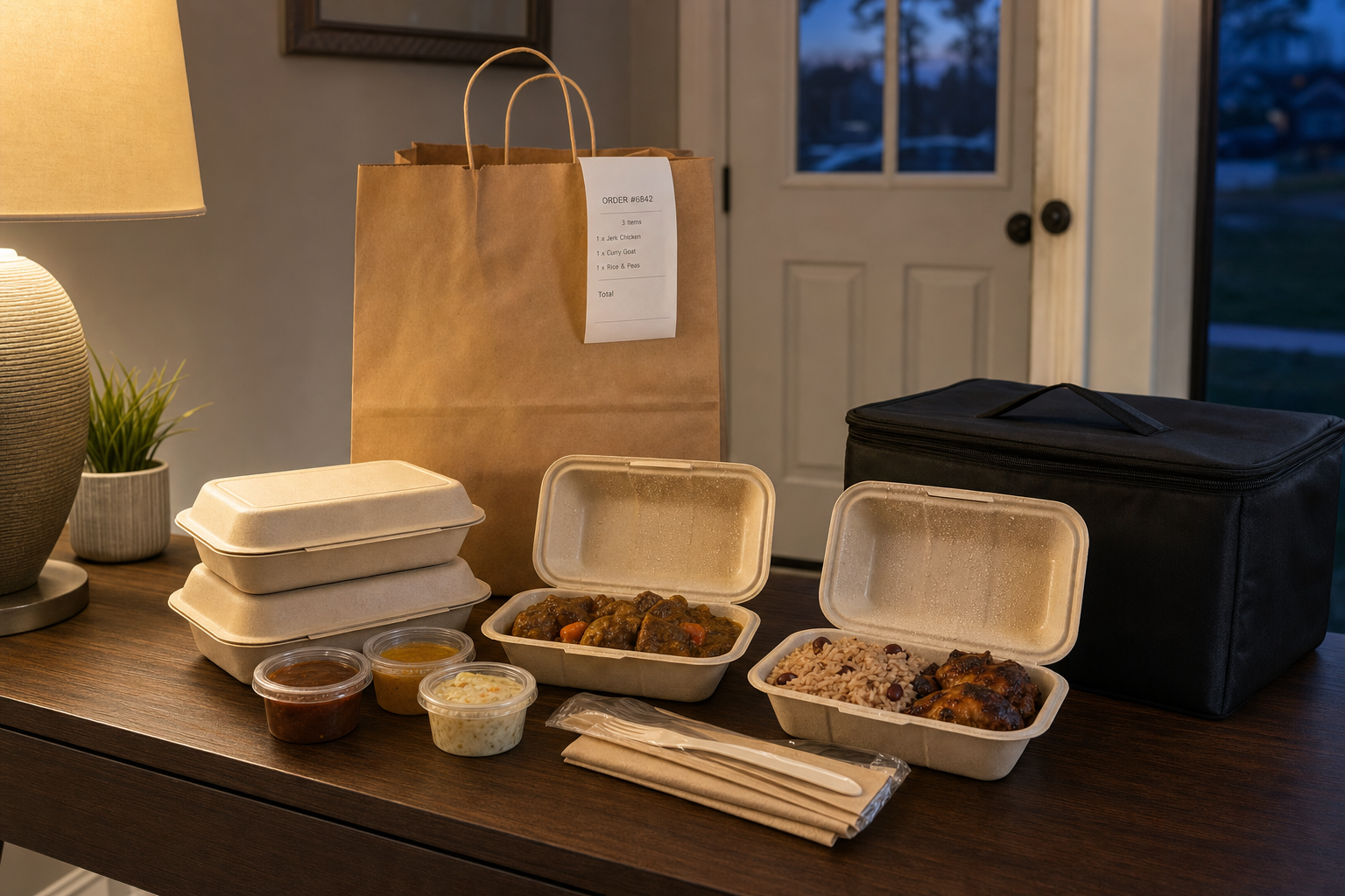Takeaway containers and sauces on a table beside a paper bag with a food order.