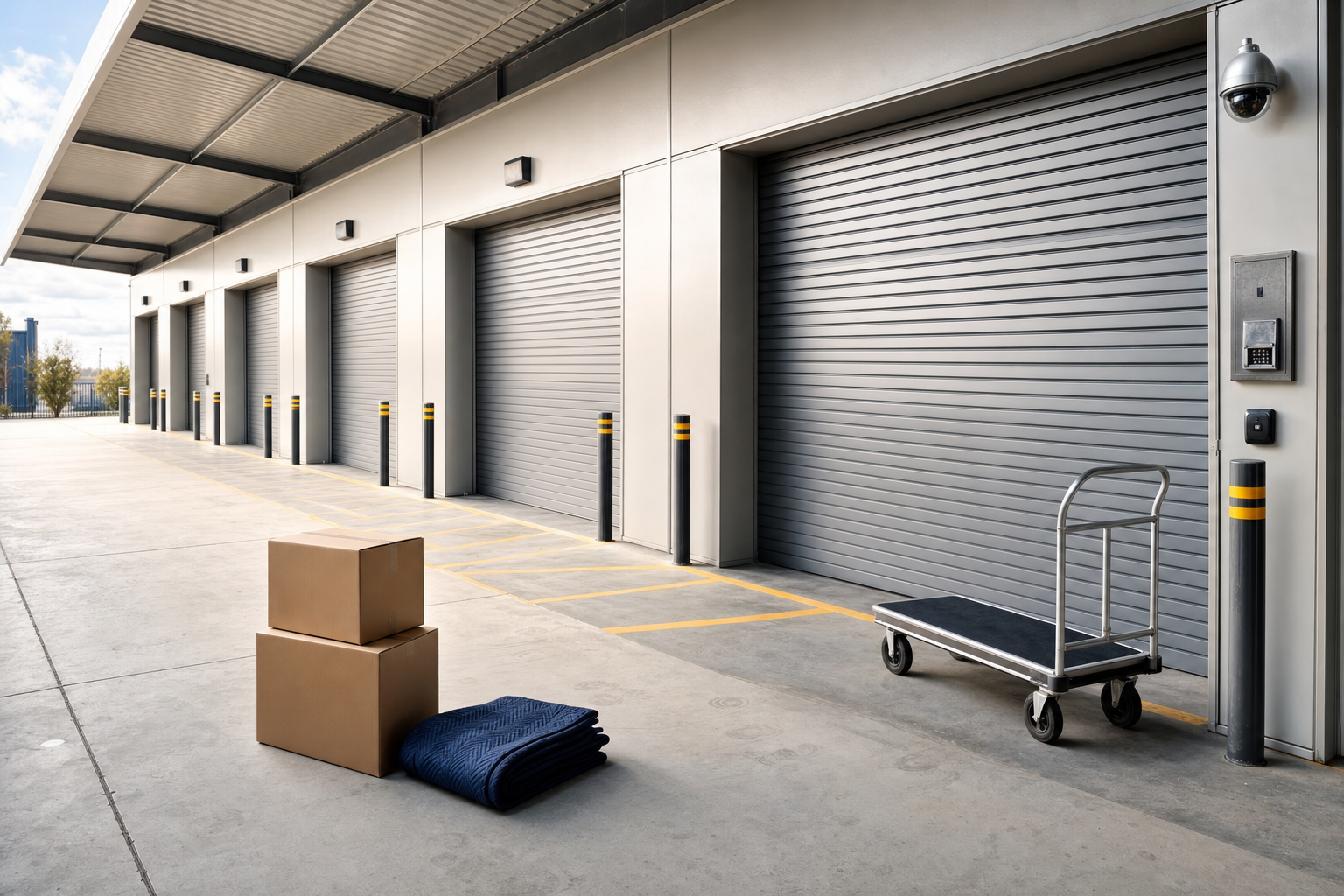 A row of closed industrial storage unit doors with boxes and a trolley on the concrete pavement.