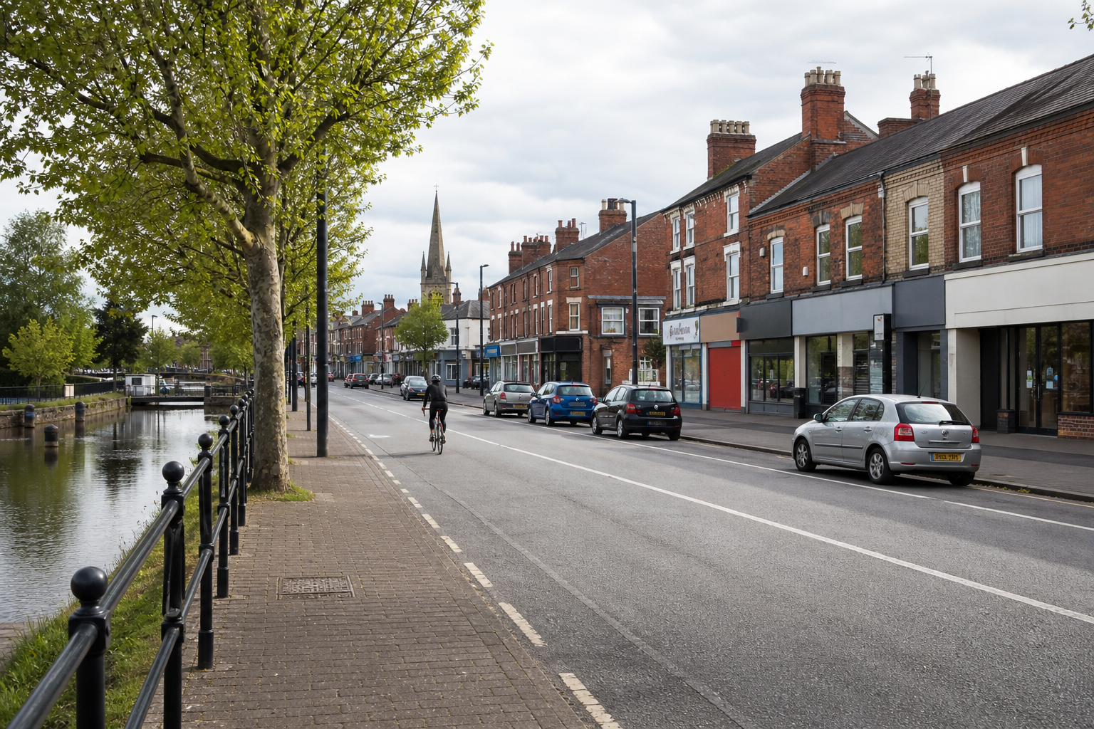 A cyclist rides down a quiet street lined with brick buildings and trees, with a canal and church spire in the background.