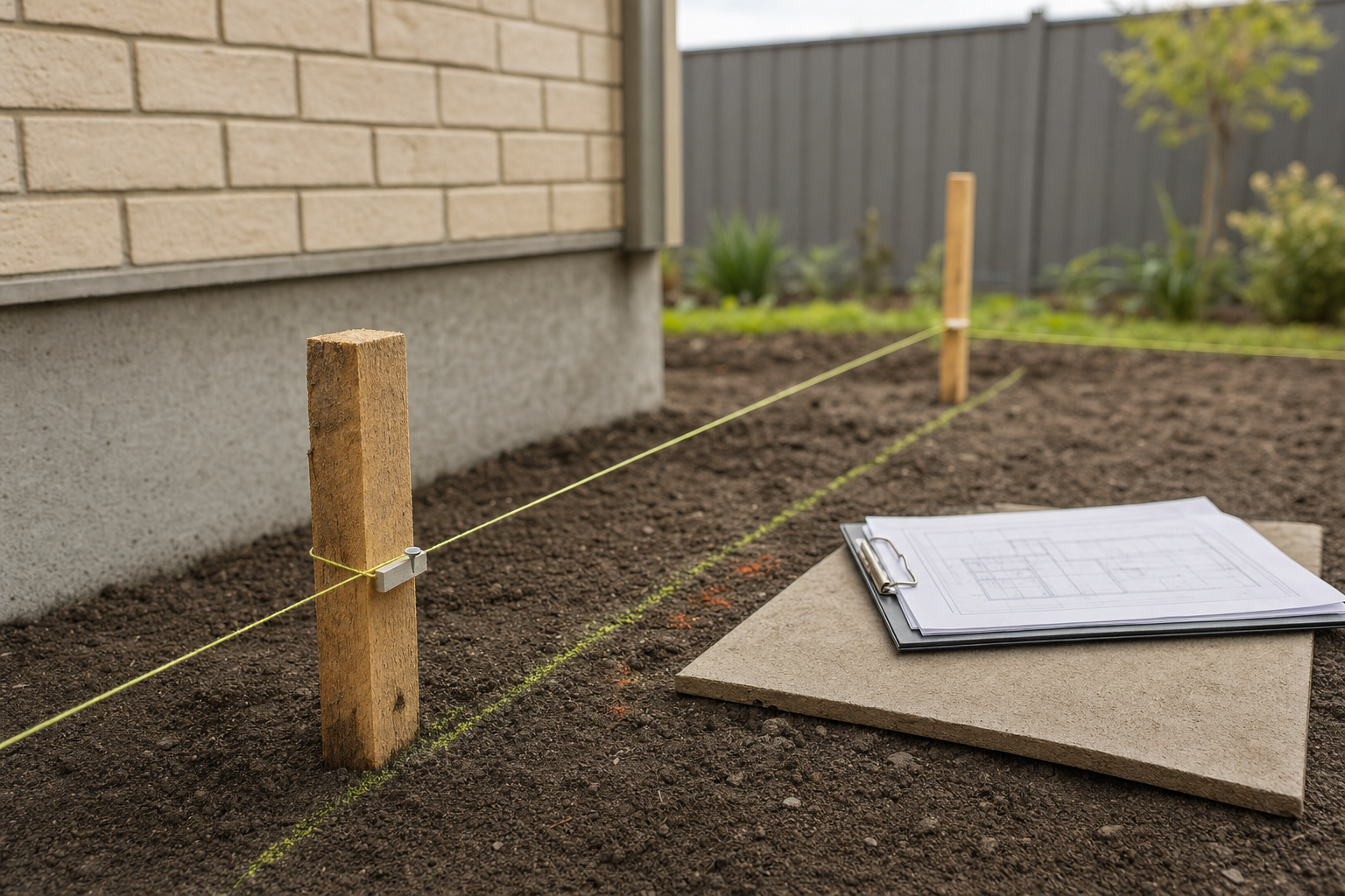 Stakes with string outline a garden plot beside a house, with a clipboard holding plans on a concrete slab.