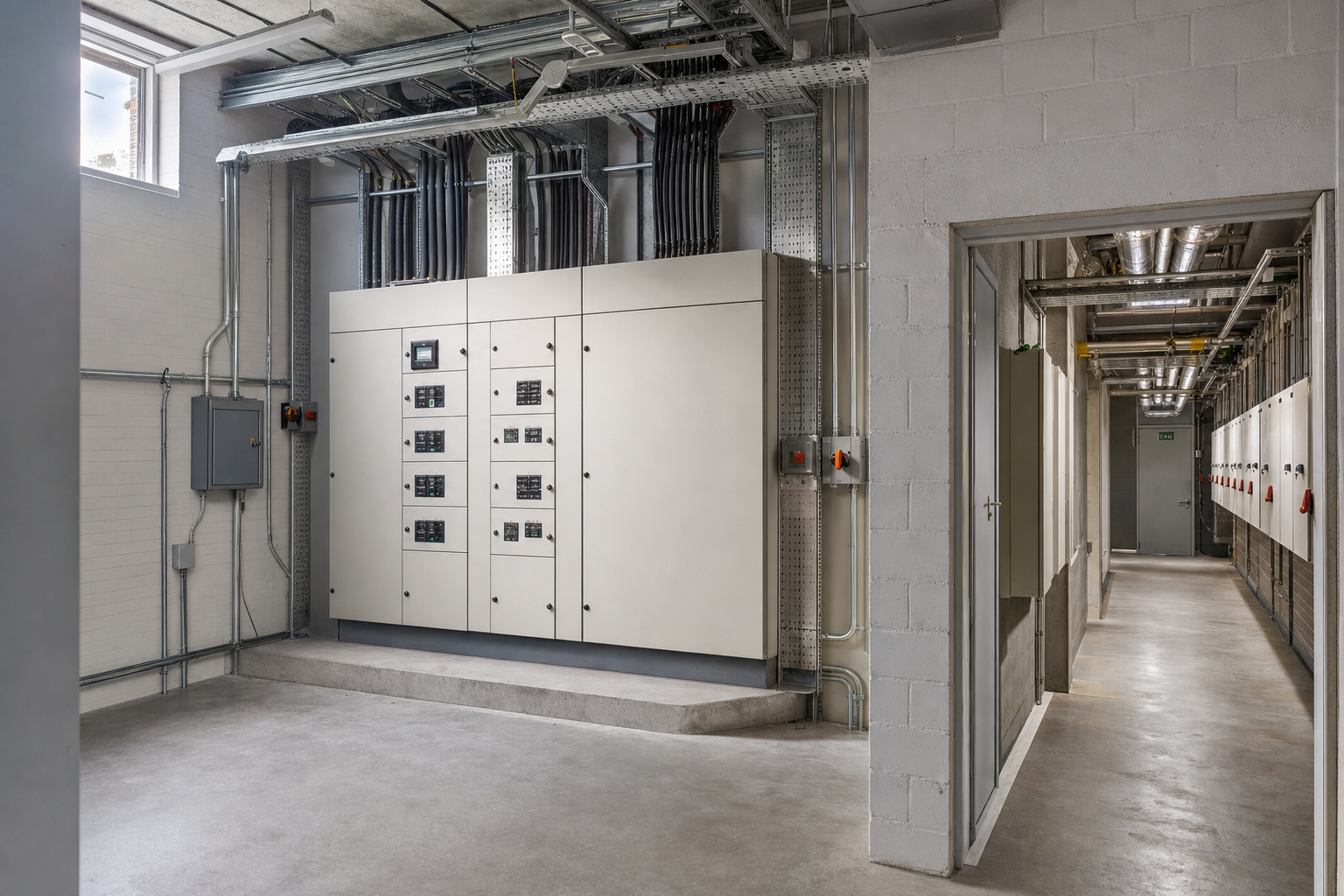 Modern electrical room with control panels and cable management systems.