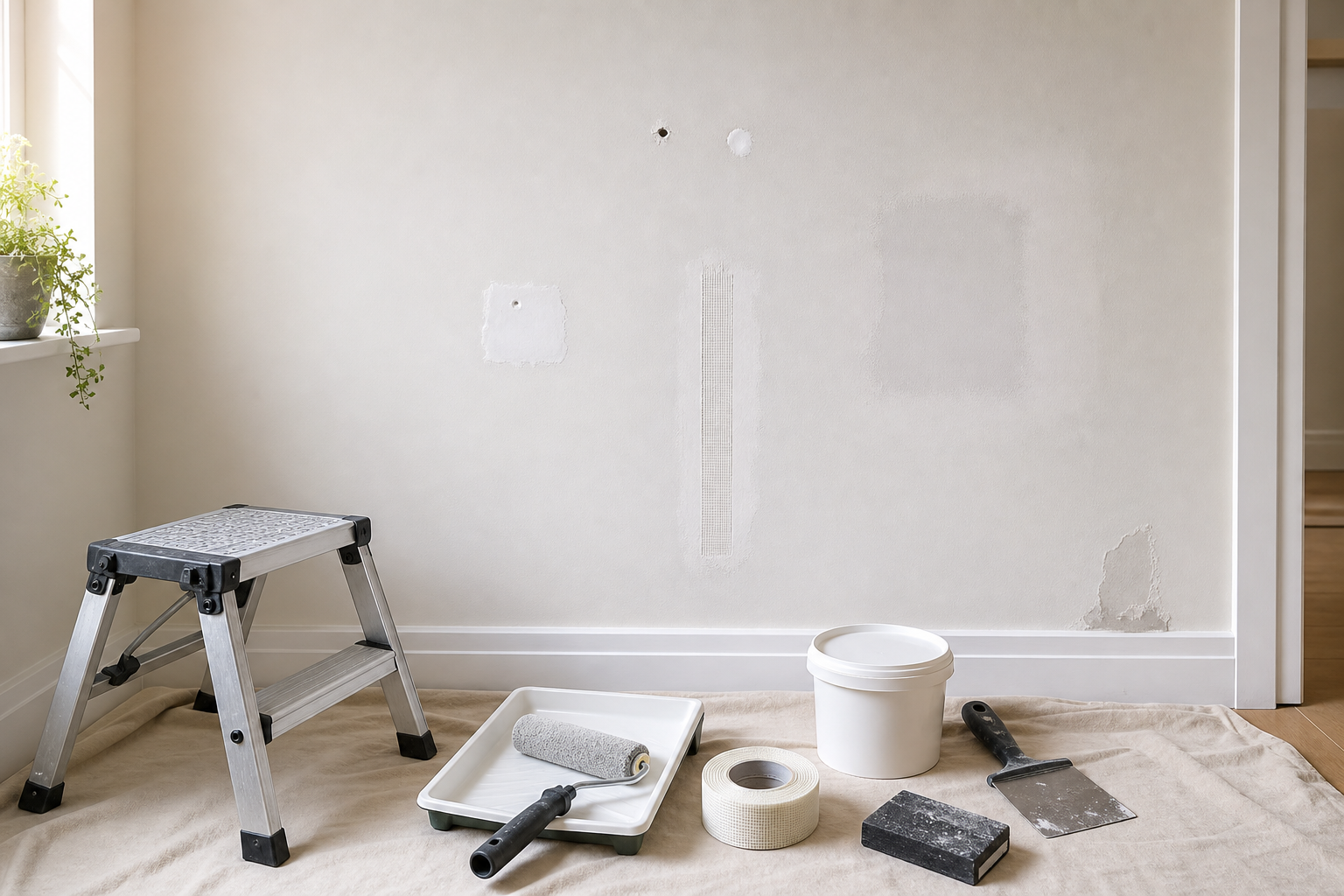 DIY wall repair setup with step stool, roller, tape, putty, and a scraper on a drop cloth.