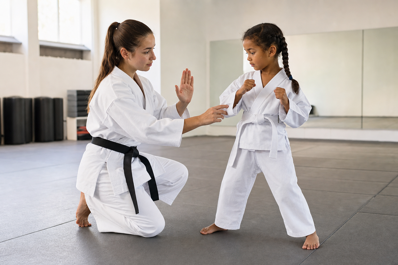 A martial arts instructor kneels to demonstrate a technique to a young girl in a dojo.