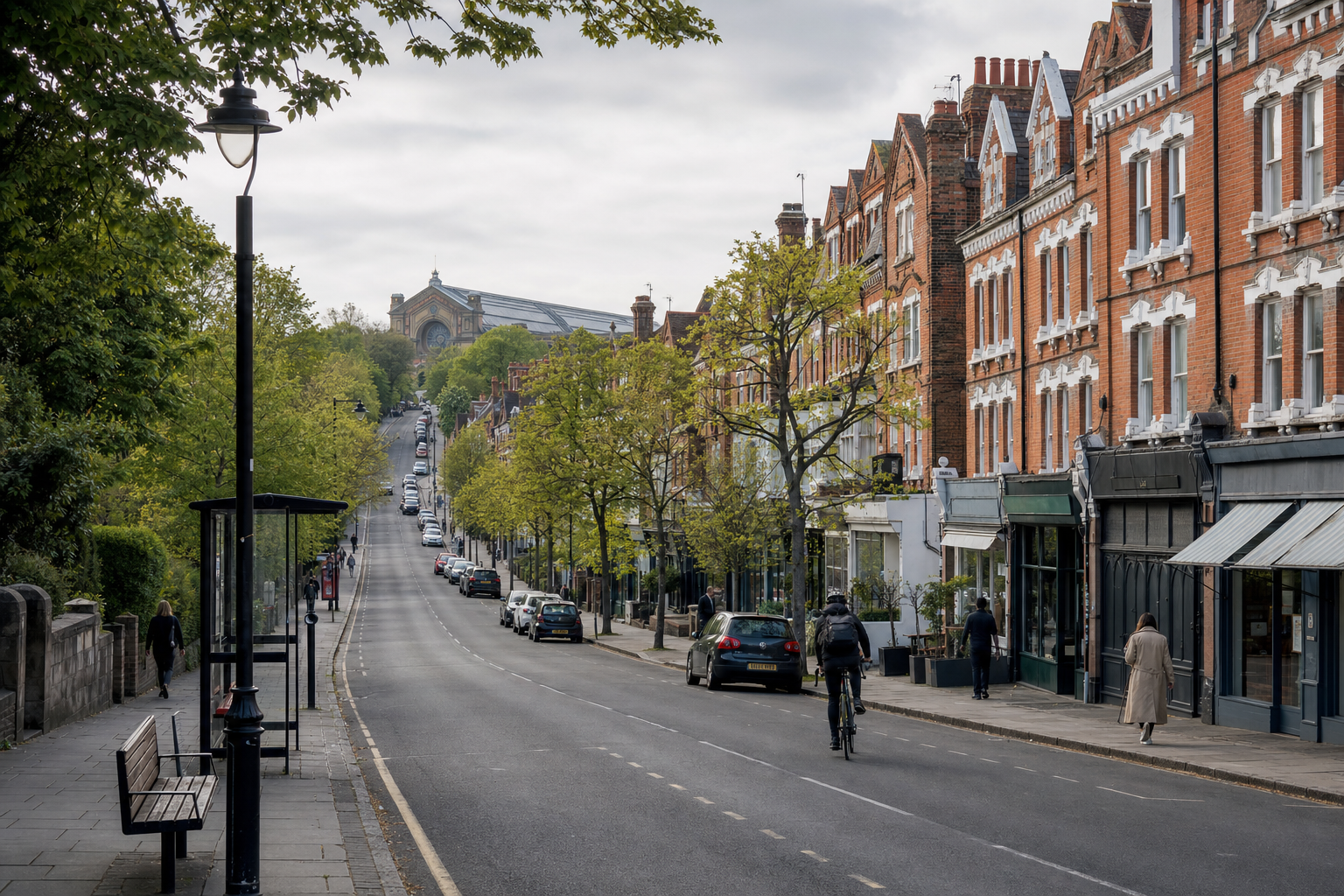 Cyclist rides up a tree-lined street with Victorian buildings and Alexandra Palace in the distance.