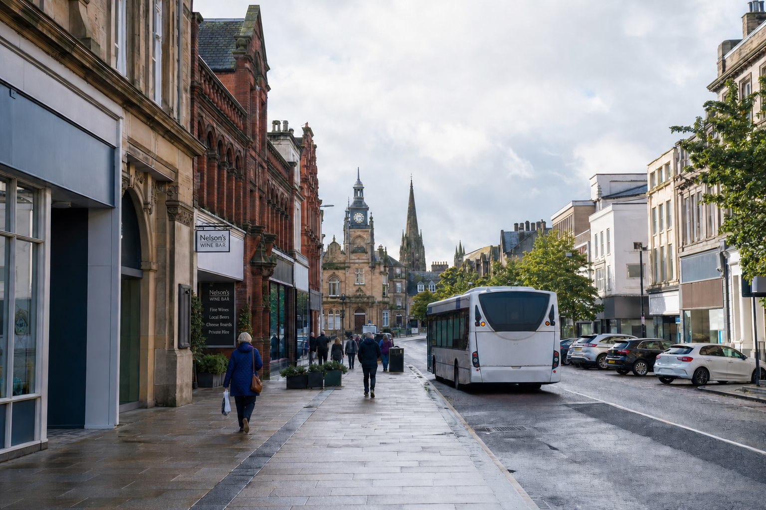 A city street with people walking, a bus passing, and an ornate clock tower in the background.