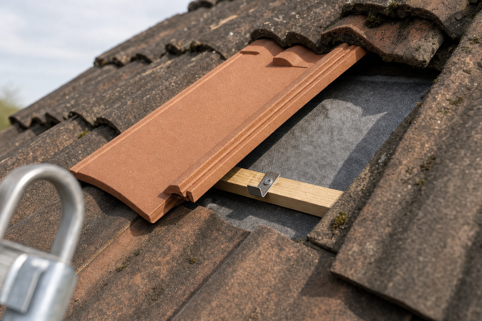 A roof tile is lifted to reveal a wooden beam and metal fixture underneath.