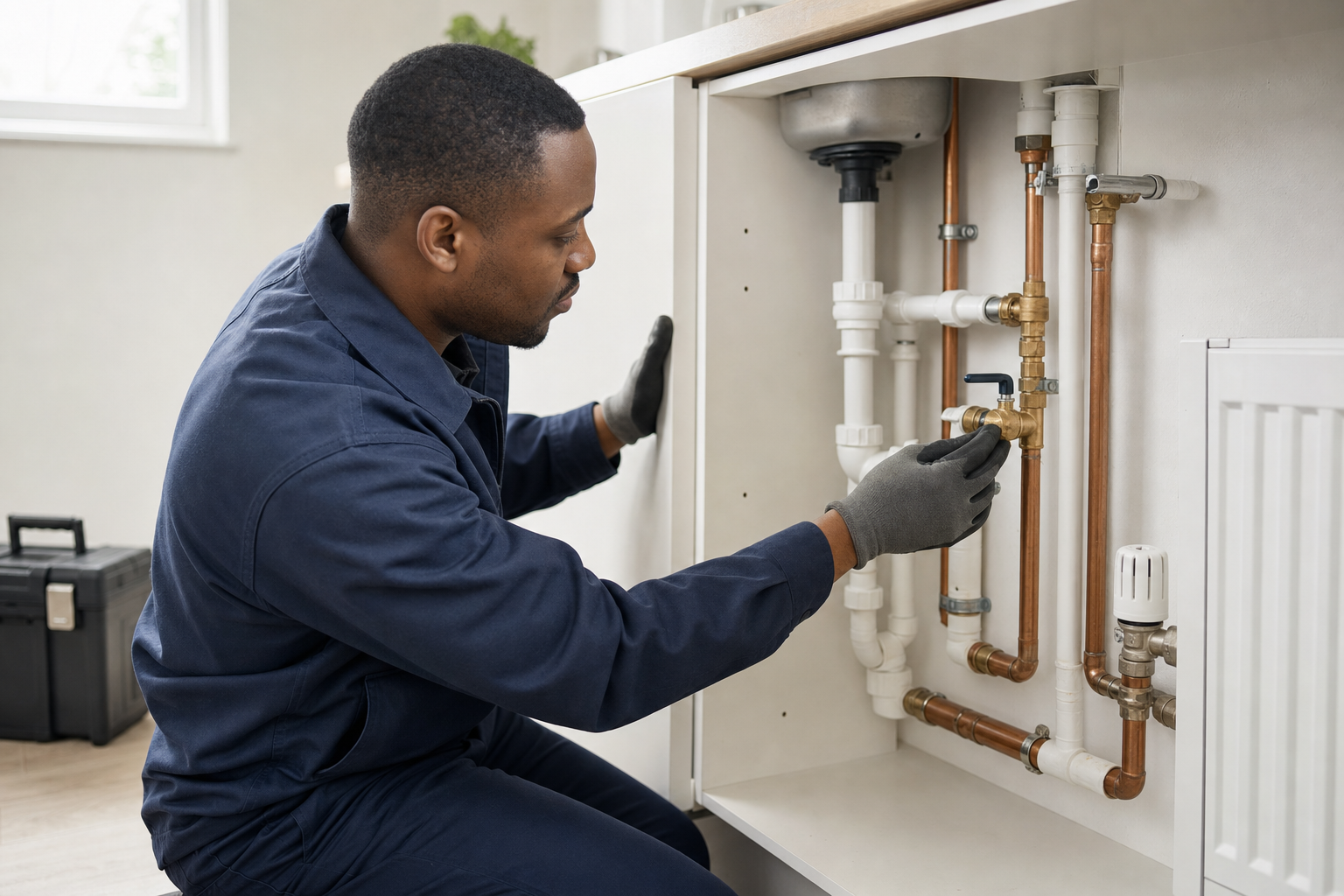 A plumber in navy overalls examines a pipe connection under a kitchen sink.