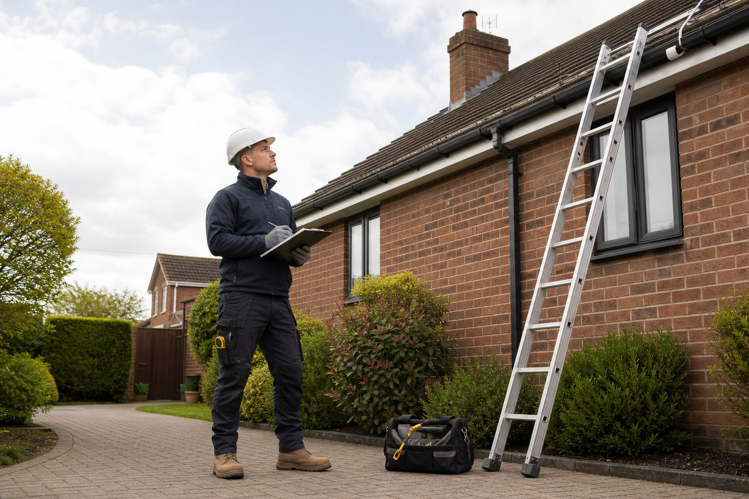 A construction worker with a clipboard evaluates a roof next to a ladder and tool bag outside a brick house.