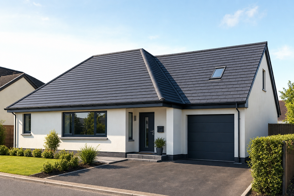 Modern bungalow with a grey roof, large windows, and a neatly landscaped front garden on a sunny day.