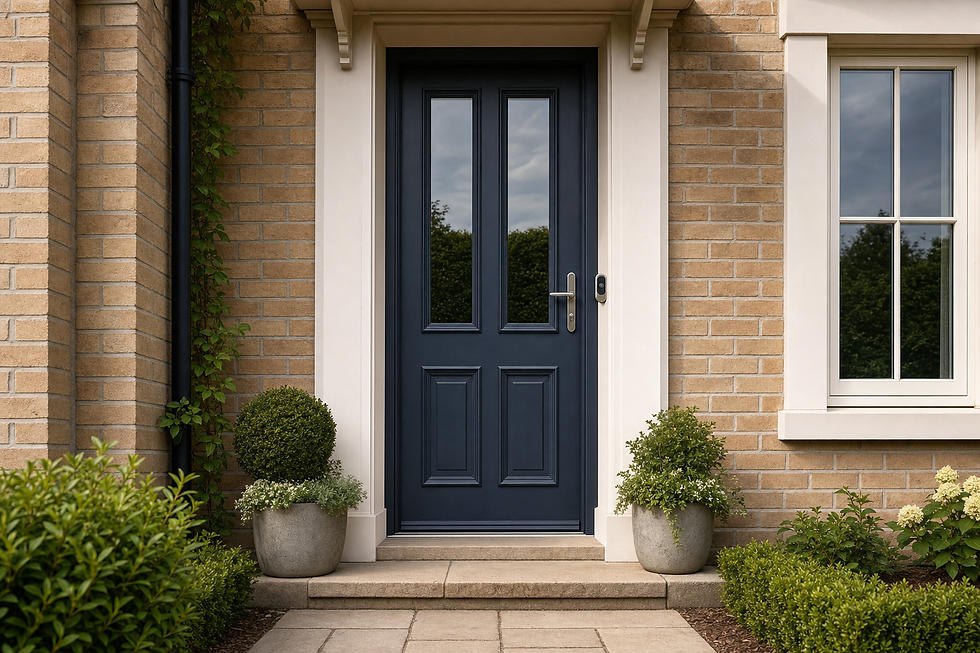 A navy blue front door on a brick house, flanked by potted plants and a window.