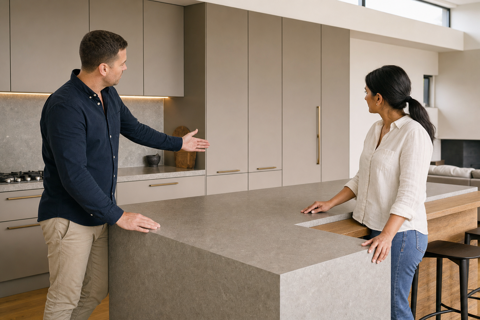 Two people discussing a modern kitchen design with grey cabinets and a central island.