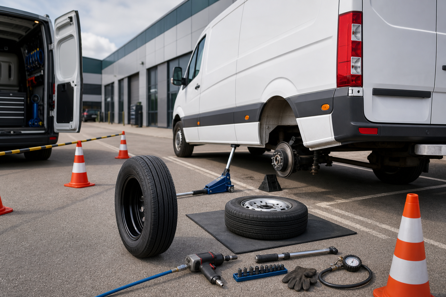 Van with a tire change in progress, surrounded by tools and traffic cones.