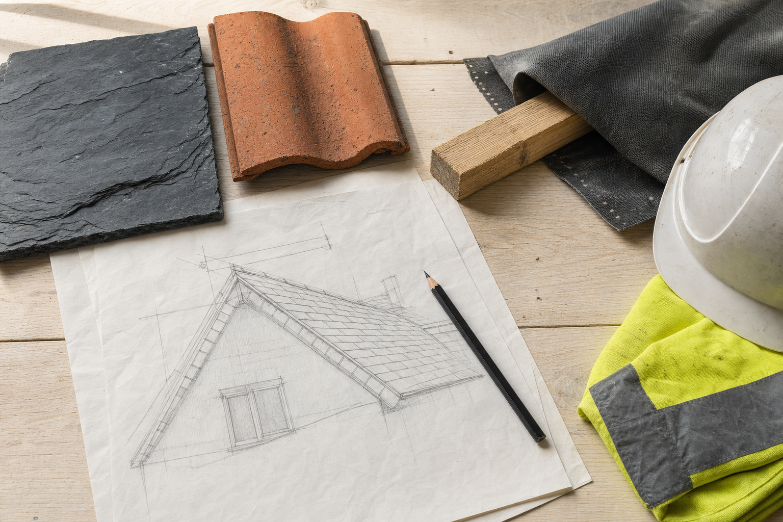 Architectural sketch with roofing materials, hard hat, and high-visibility vest arranged on a wooden table.