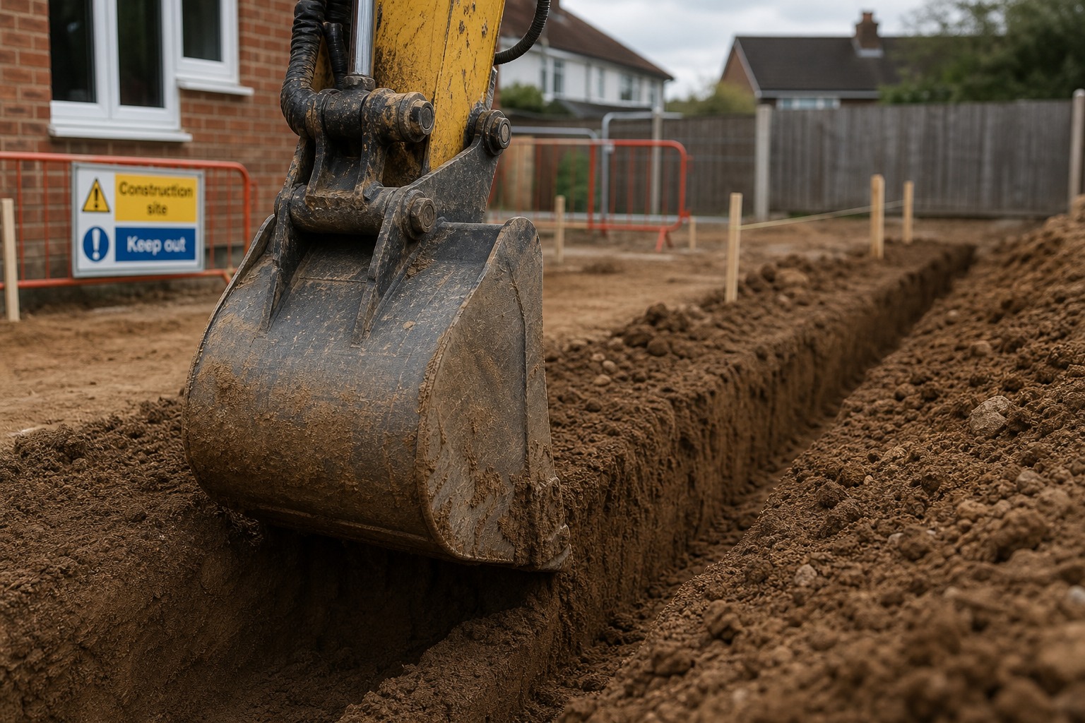 A digger excavating a trench in a residential construction site with a safety sign visible.