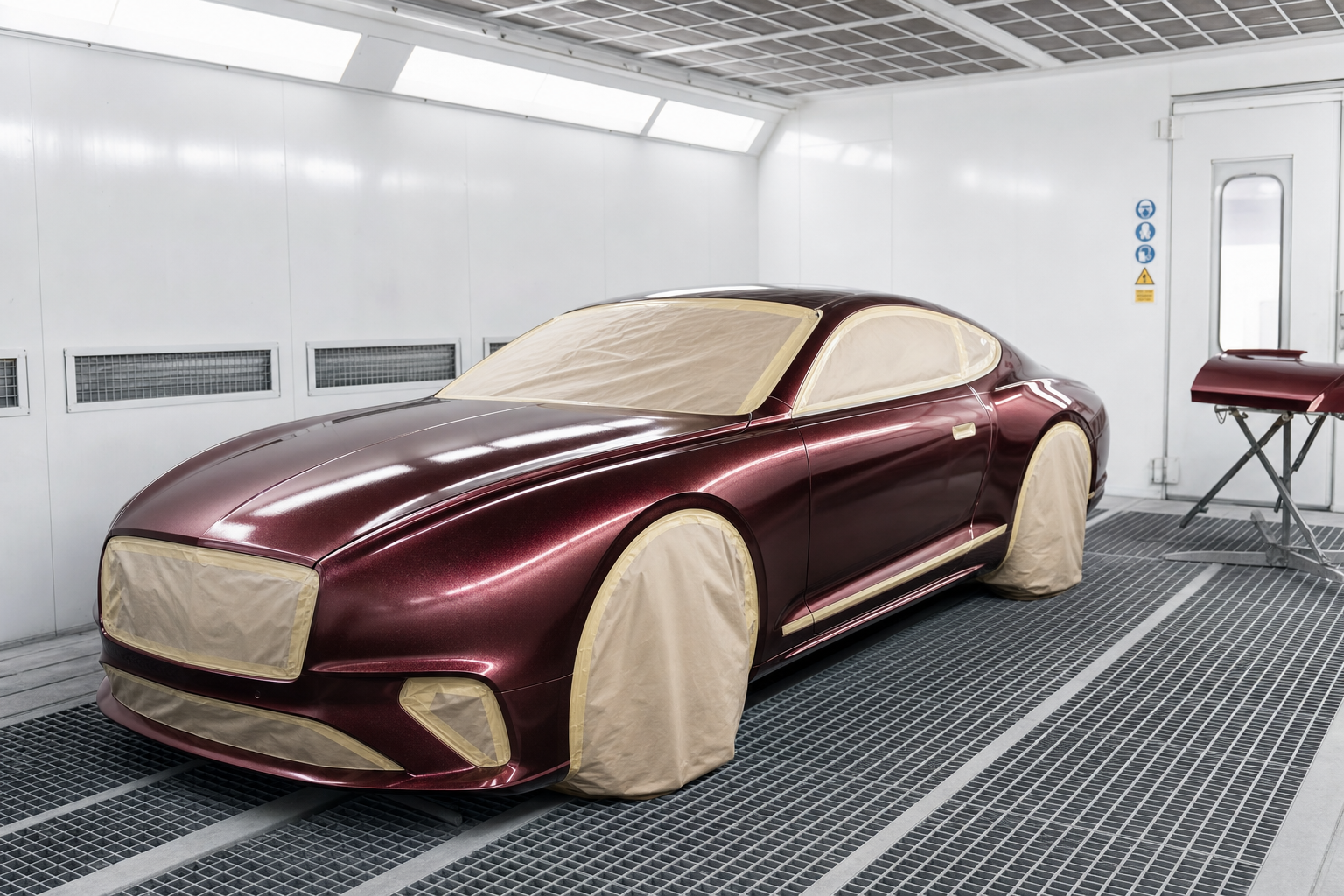 A maroon car in a spray booth, covered with masking paper for a fresh paint job.