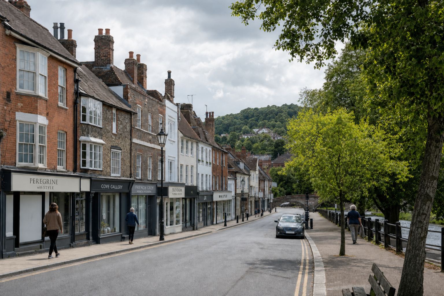 Charming English street with quaint shops, a few pedestrians, and lush greenery on a cloudy day.