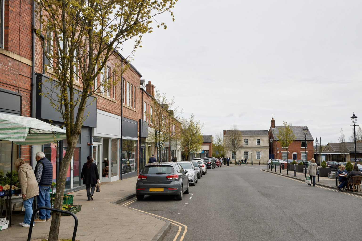 A quaint high street with parked cars and people walking past shops and trees on an overcast day.