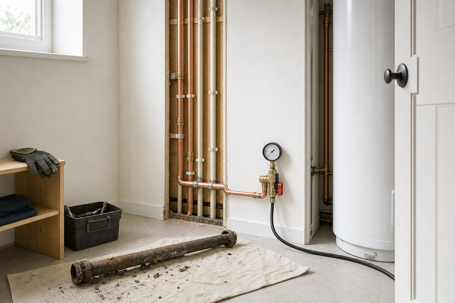 Newly installed copper pipes with a pressure gauge and an old pipe on a cloth in a utility room.