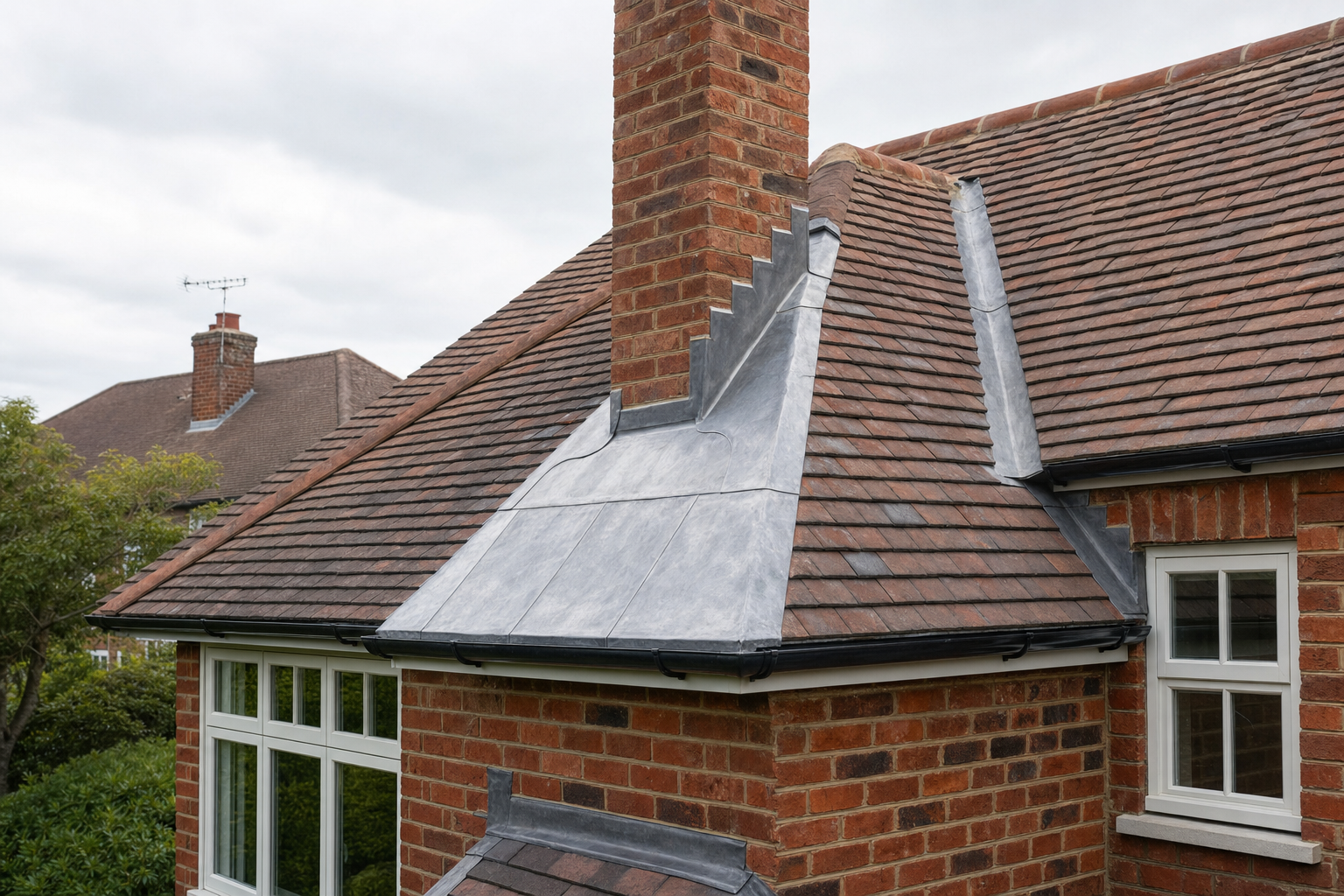 A red brick house with a tiled roof and a prominent chimney, set against a cloudy sky.