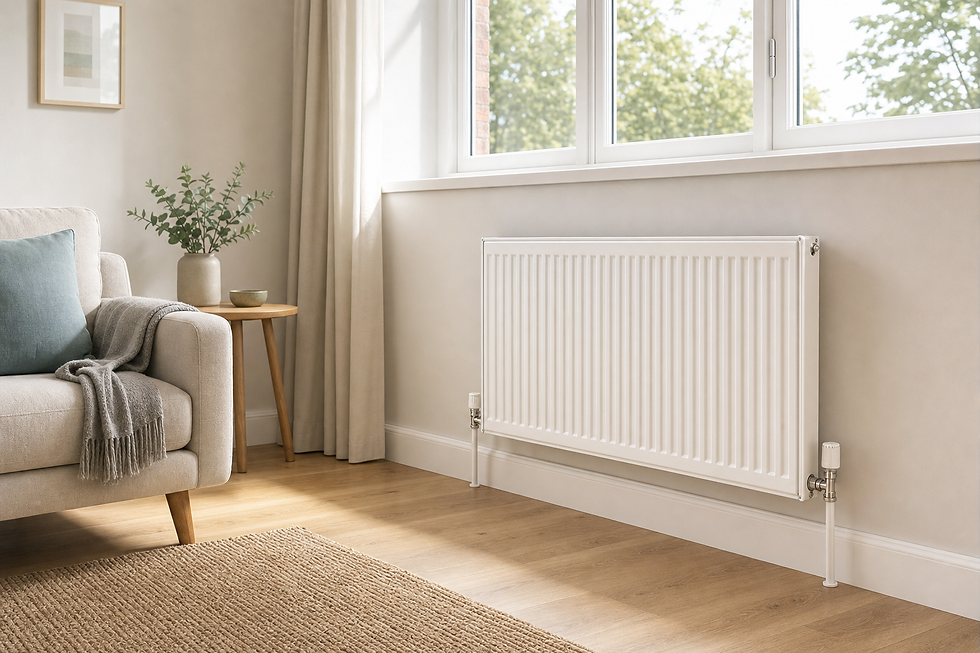 A cosy living room features a white radiator, light sofa, and wooden table with a plant, illuminated by natural light from a