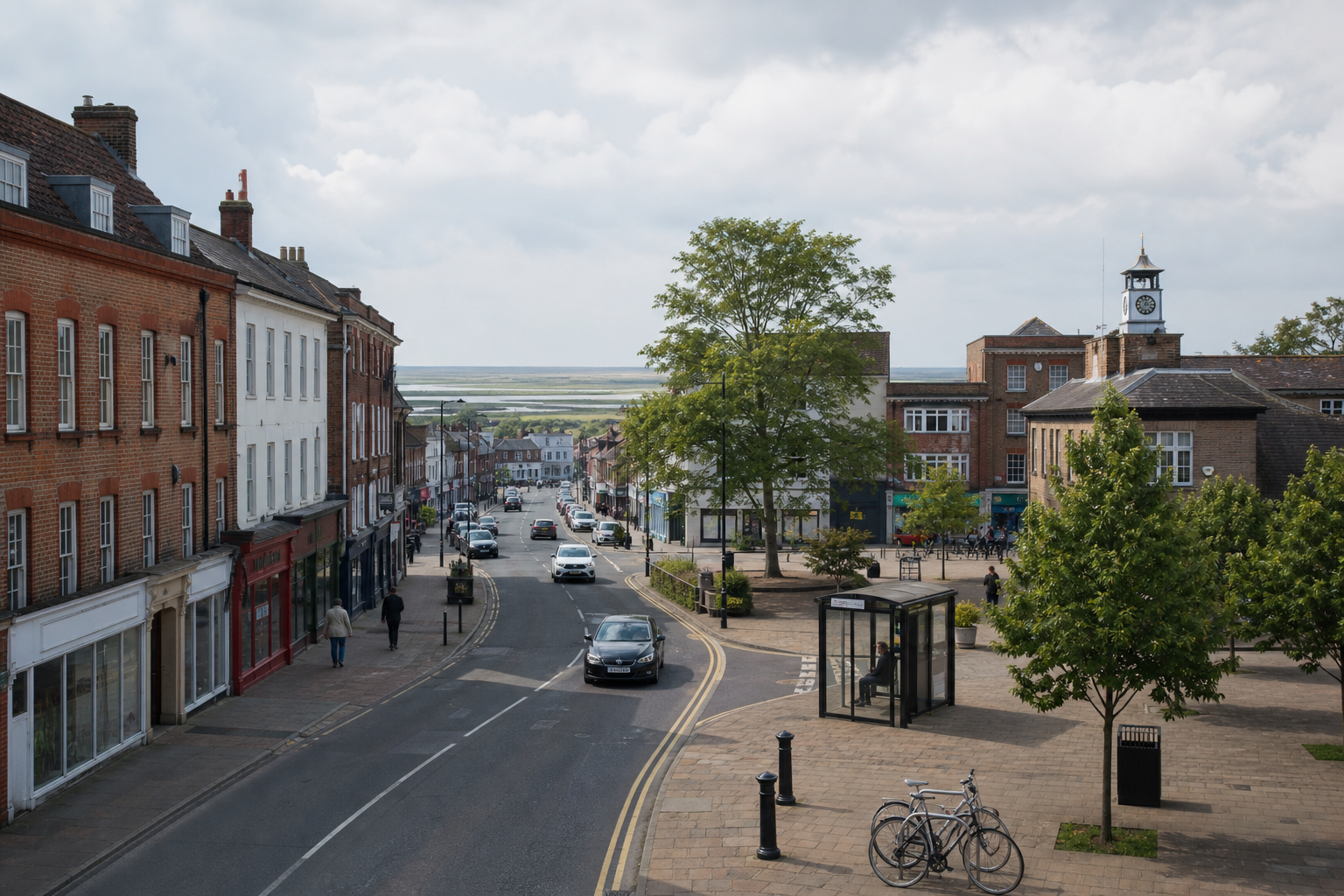 A quaint town centre with brick buildings, cars on the road, and a clock tower under a cloudy sky.