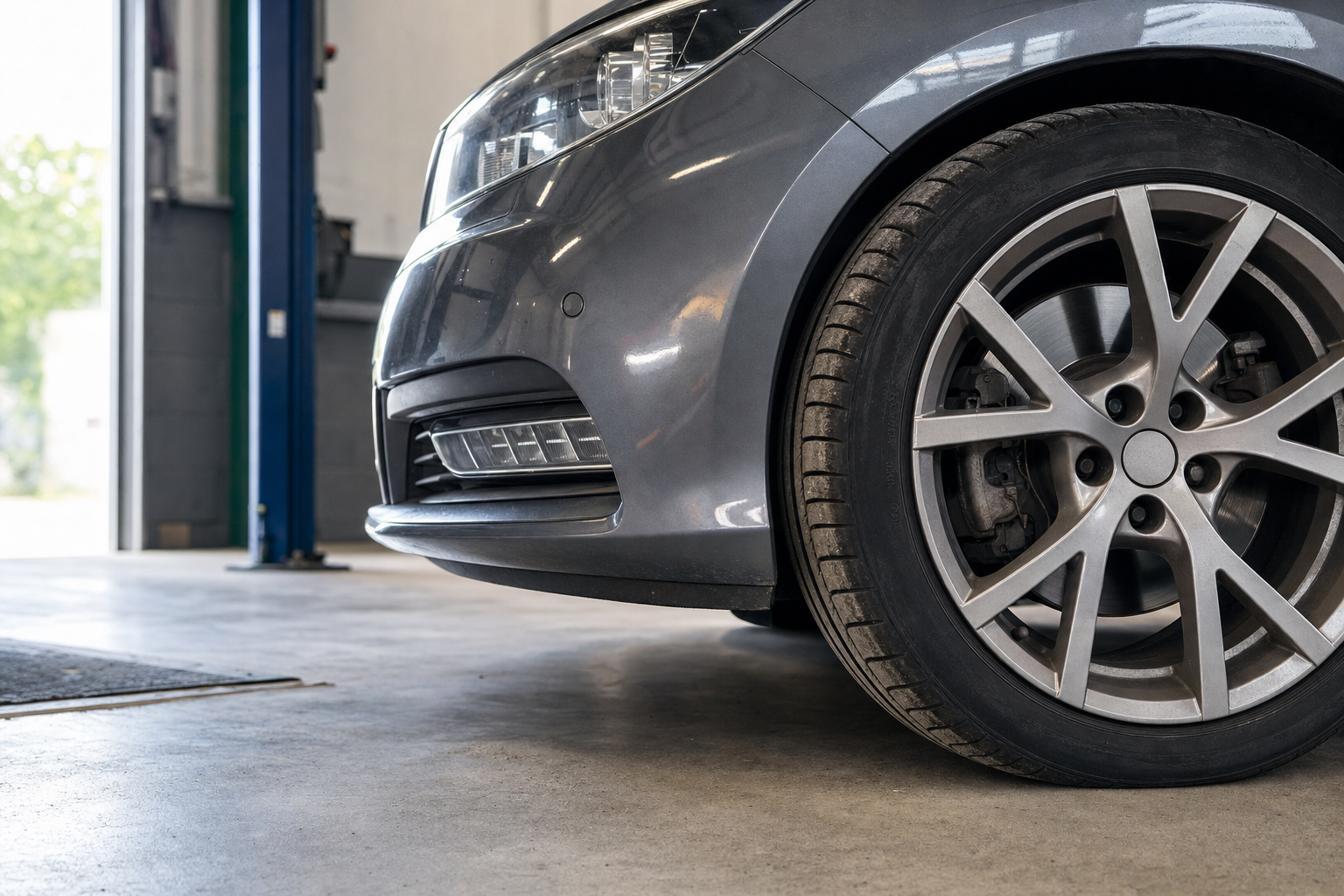 Close-up of a grey car's front wheel and bumper inside a garage.