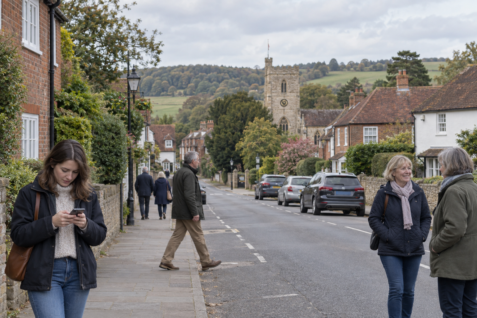 People walking and talking on a quaint village street with a church and hills in the background.