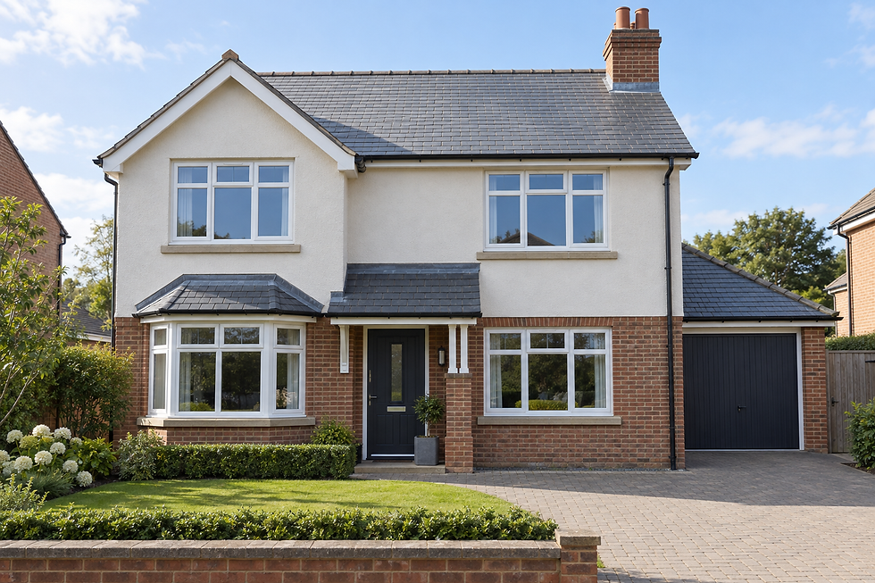 Two-storey brick house with a black door, large front windows, a garage, and a tidy garden under a blue sky.