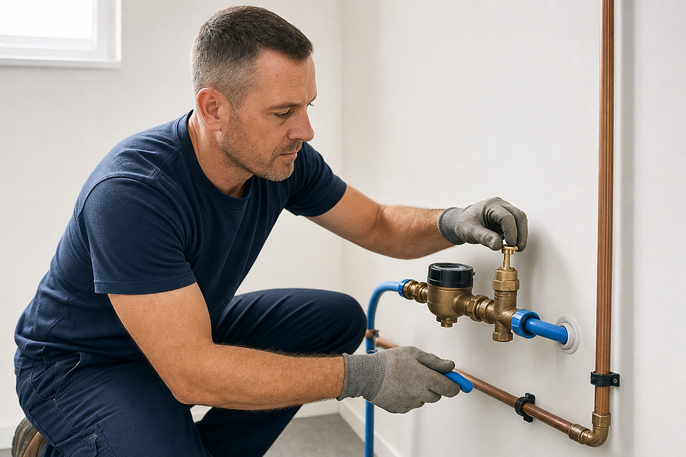 Plumber adjusting brass valves on copper and blue water pipes