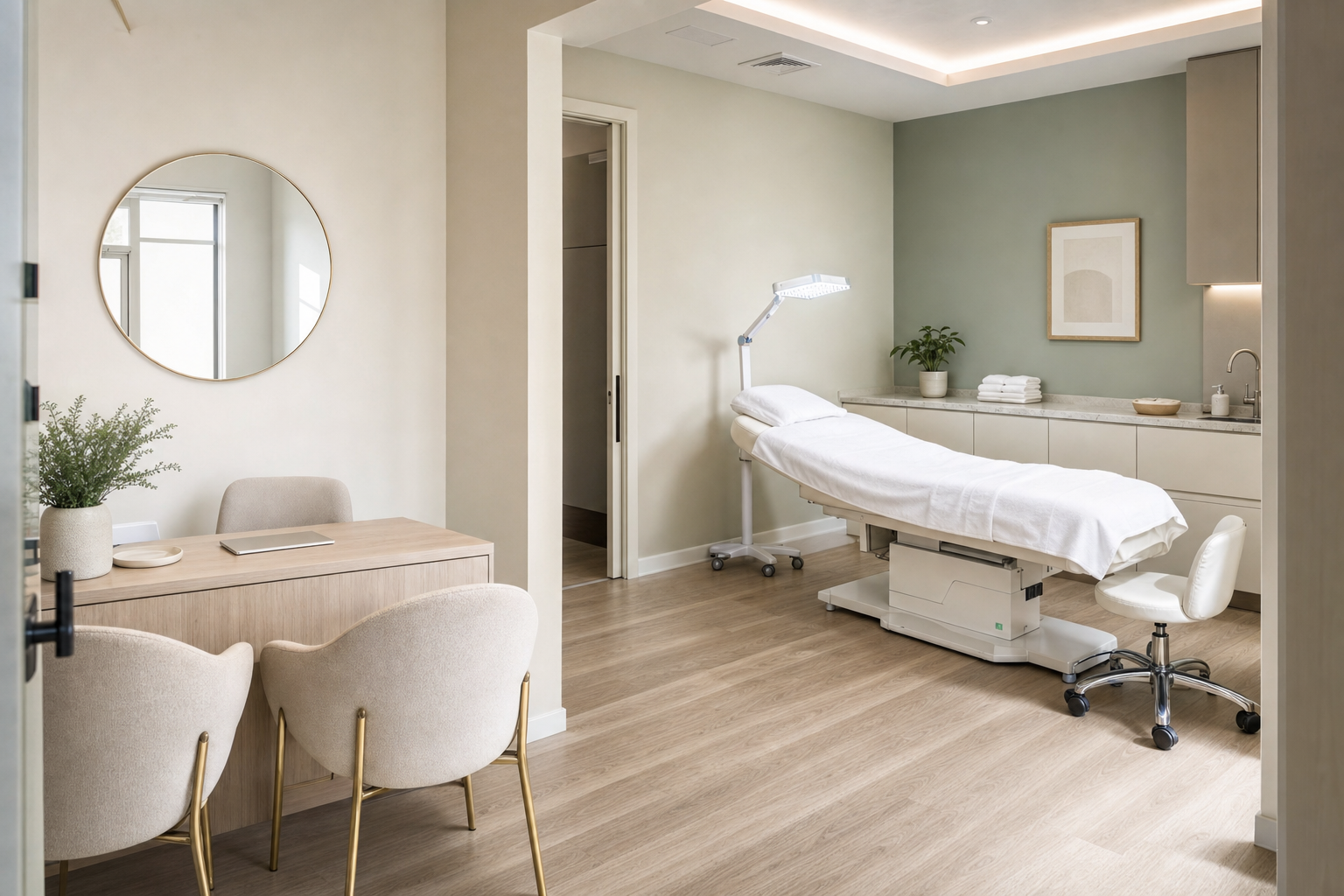 A modern, softly lit consulting room with a treatment bed and seating area.
