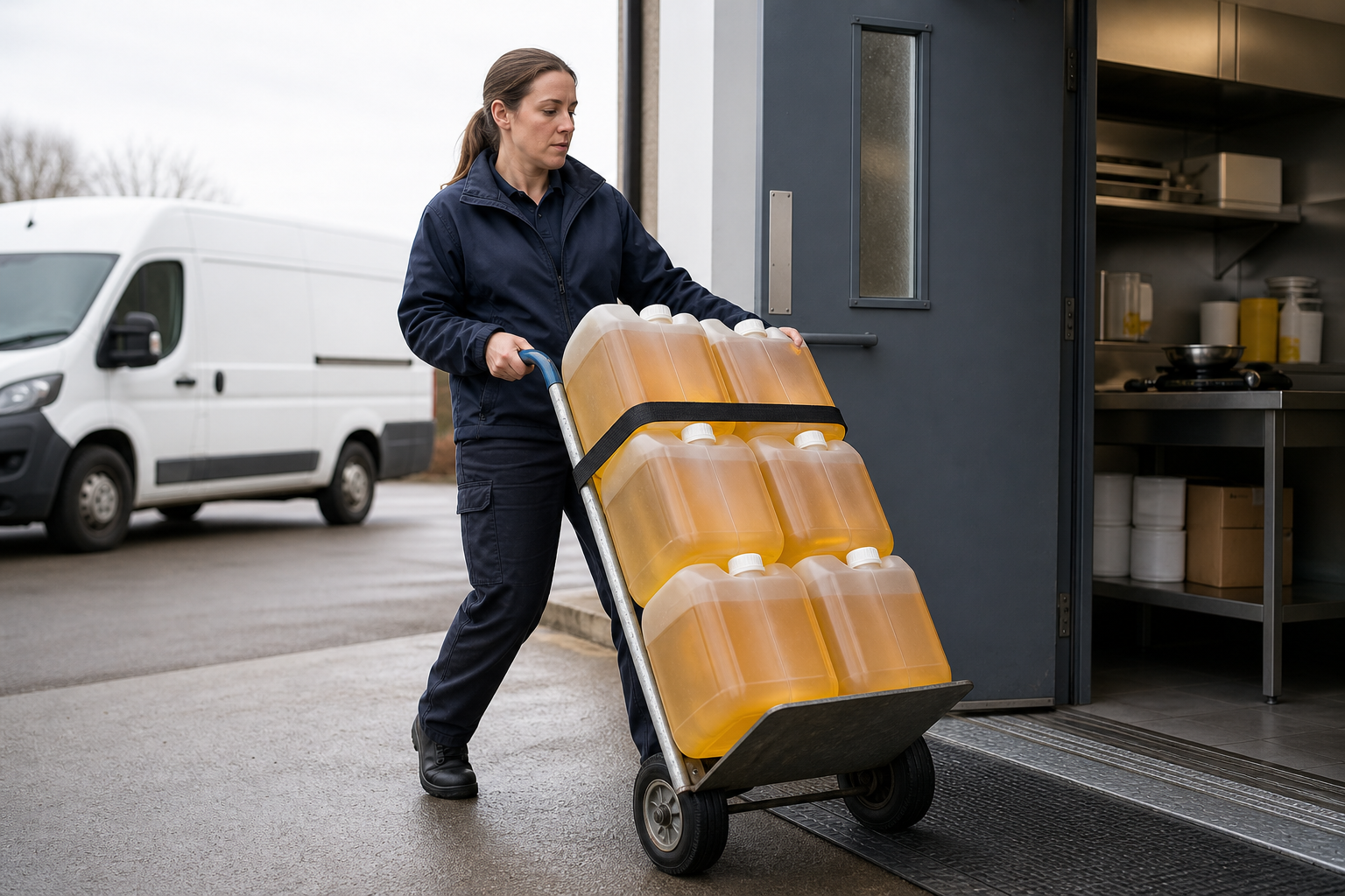 A worker in a uniform transports large containers of liquid on a dolly outside a building.