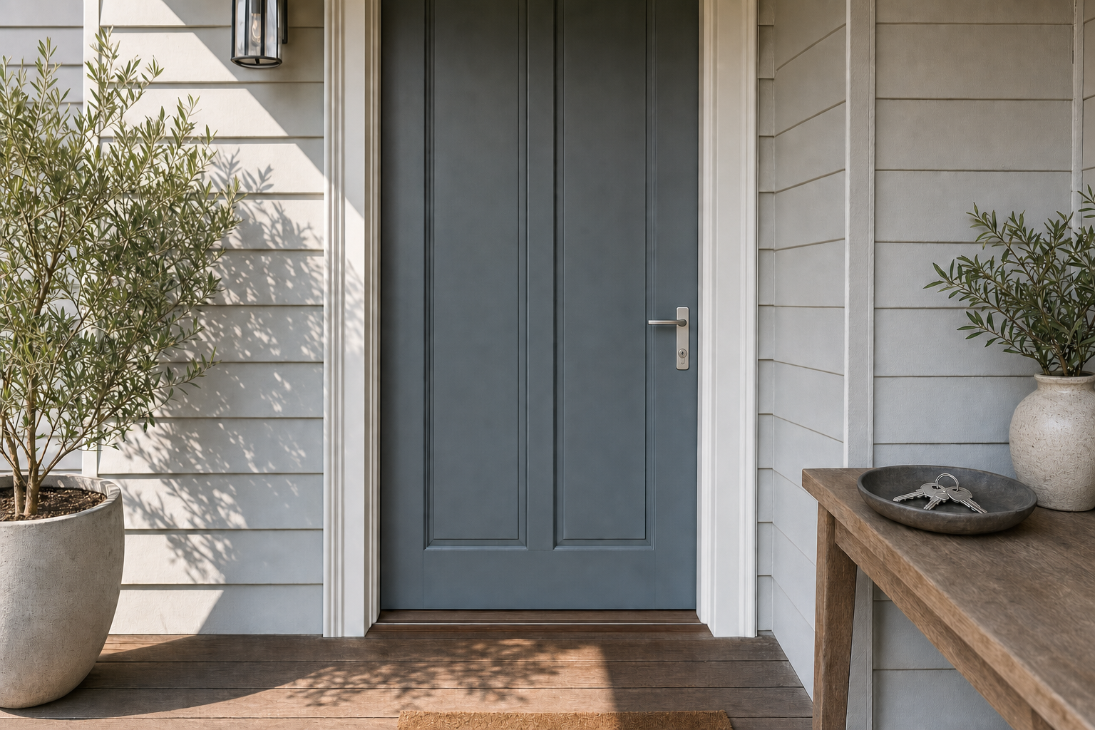 A blue front door is flanked by potted plants and a wooden table holding a bowl with keys.