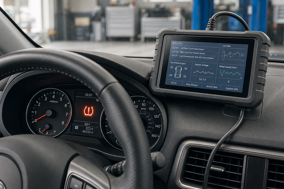 Car dashboard displaying a tyre pressure warning light and a diagnostic tool showing sensor data and system voltage.