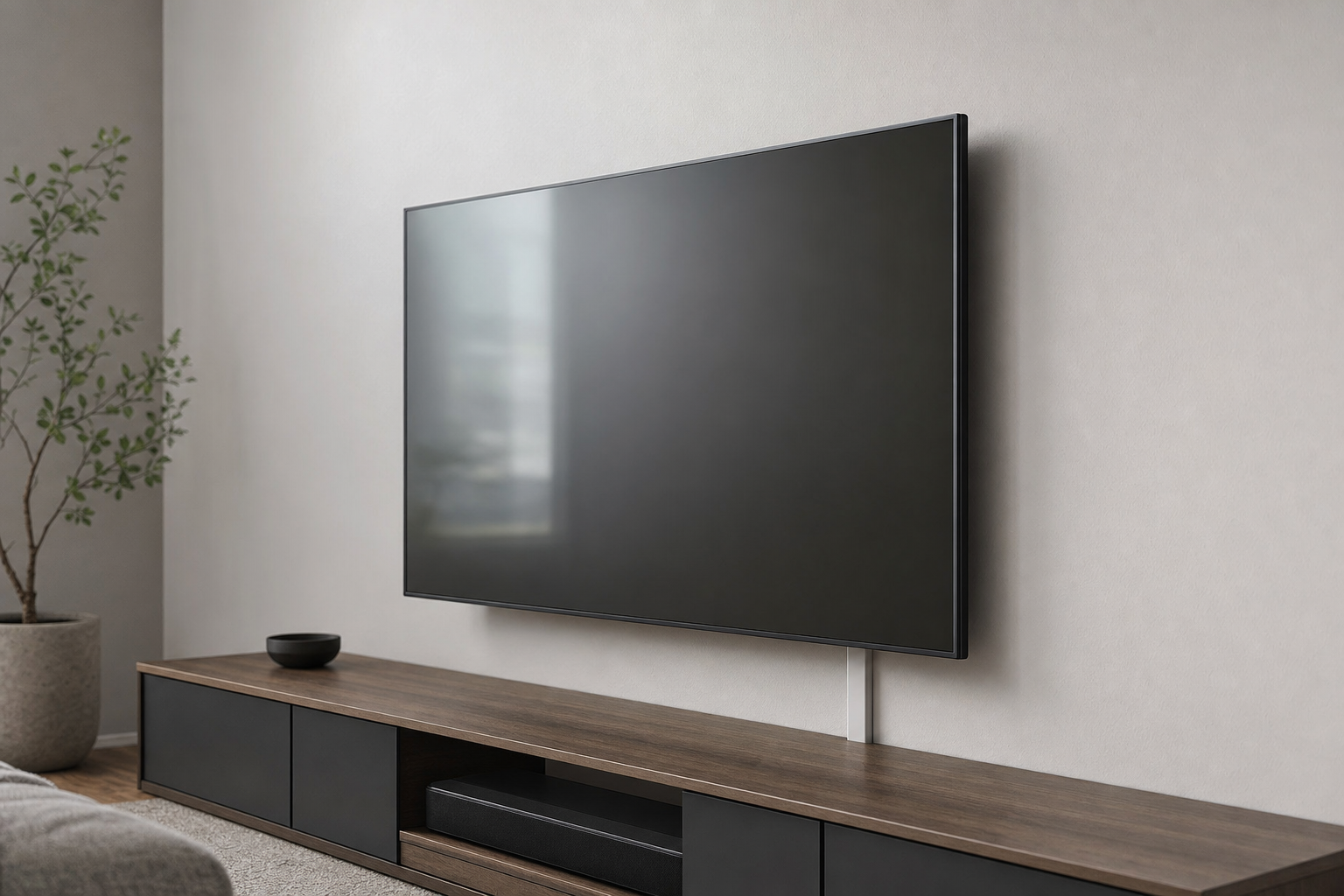 A modern flat-screen TV mounted on a wall above a wooden entertainment unit in a minimalist living room.